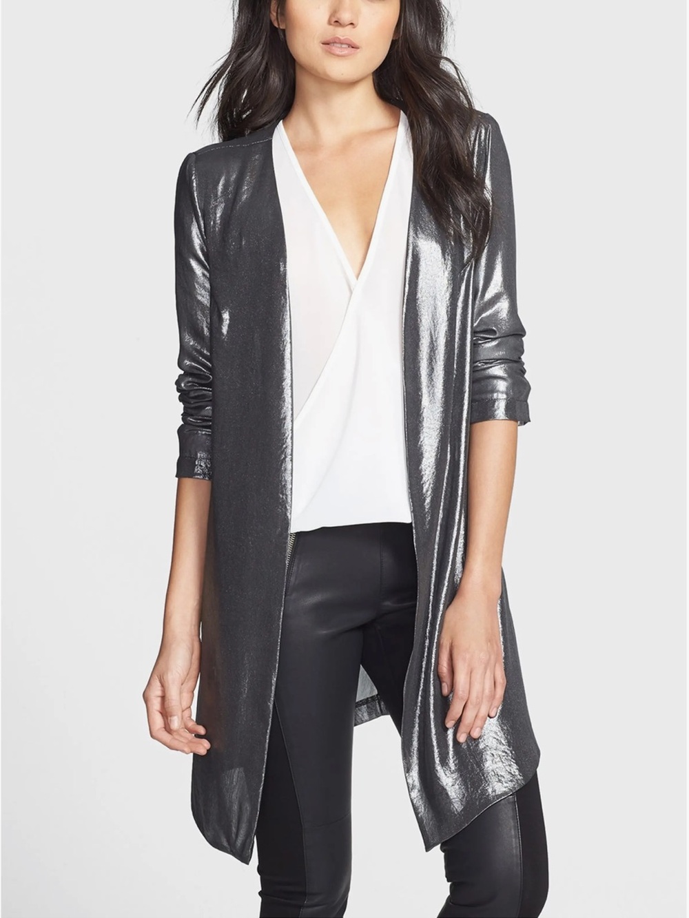 Astr Metallic Gunmetal Silver Open-Front Longline Blazer Jacket Duster